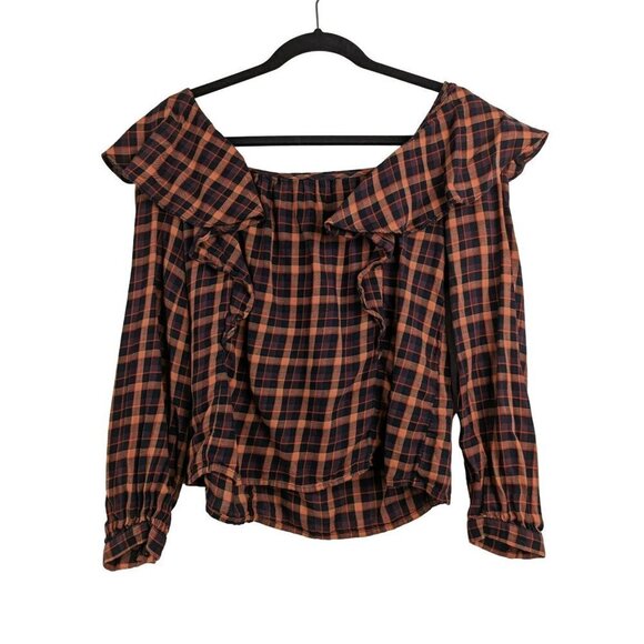 Madewell Tops - Madewell Plaid Ruffled Square-Neck Cop Top Long Sleeve Womens Size XS